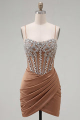 Dressystars Khaki Tight Ruched Short Corset Homecoming Dress with Rhinestones