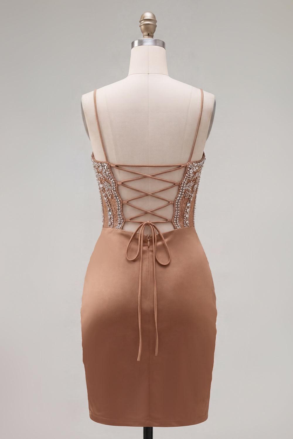 Dressystars Khaki Tight Ruched Short Corset Homecoming Dress with Rhinestones