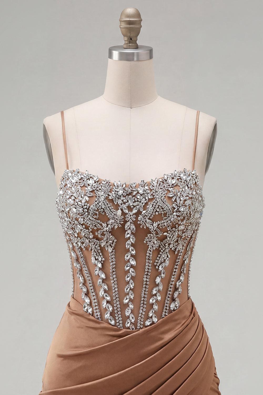 Dressystars Khaki Tight Ruched Short Corset Homecoming Dress with Rhinestones