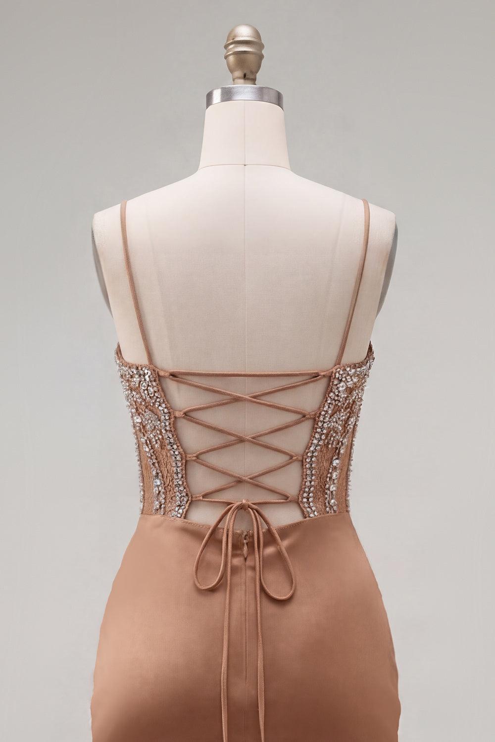 Dressystars Khaki Tight Ruched Short Corset Homecoming Dress with Rhinestones