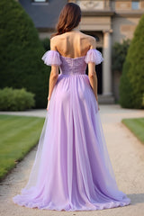 Dressystars Lace Lilac Off The Shoulder Long Formal Dress With Ruffles
