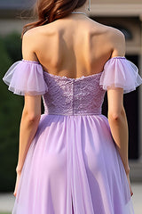 Dressystars Lace Lilac Off The Shoulder Long Formal Dress With Ruffles