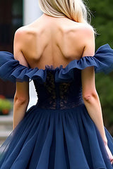Dressystars Lace Tulle Navy Wedding Guest Dress A Line Tea-Length Formal Dress With Ruffles