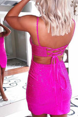 Dressystars Lace-Up Back Sequin Fuchsia Homecoming Dress Tight Short Prom Dress