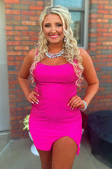 Dressystars Lace-Up Back Sequin Fuchsia Homecoming Dress Tight Short Prom Dress