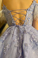 Dressystars Lavender Homecoming Dress Corset A-Line Lace Short Prom Dress With Feathered Detachable Sleeves