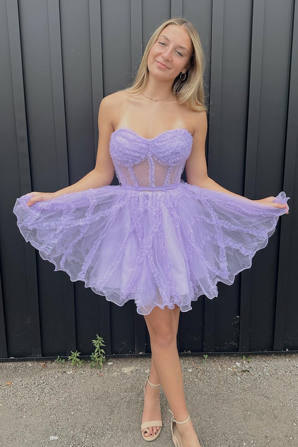 Dressystars Lavender Homecoming Dress Corset Sweetheart A-Line Short Tulle Prom Dress