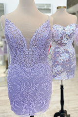 Dressystars Lavender Homecoming Dress Lace Spaghetti Straps Tight Short Prom Dress with Fringes