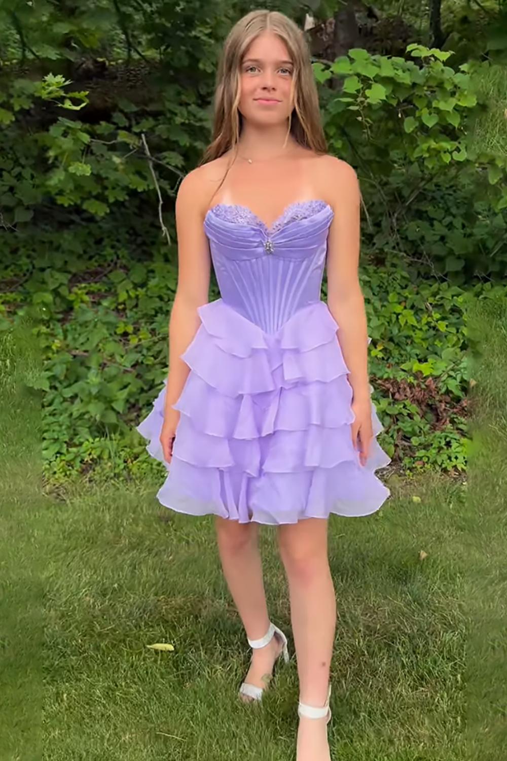 Dressystars Lavender Tiered Homecoming Dresses Short Corset Cocktail Dresses With Beading