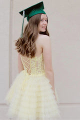 Dressystars Lemon Yellow Homecoming Dress A Line Corset Ruffled Short Prom Dress