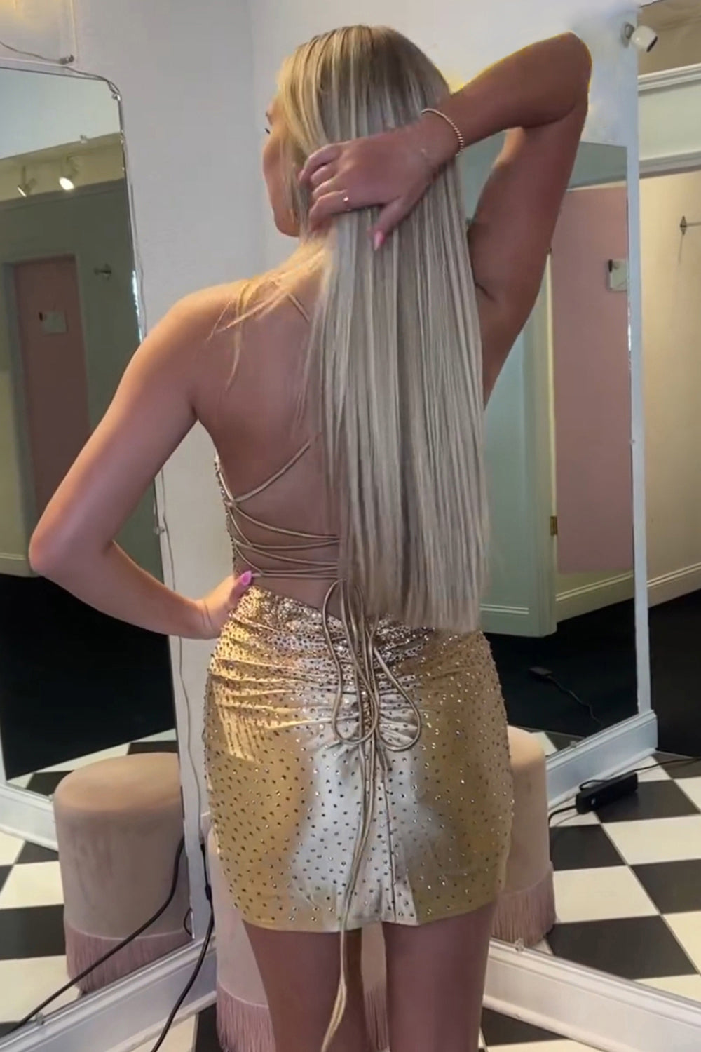 Dressystars Liaghe Beaded Tight Short Prom Dress with Lace-Up Back