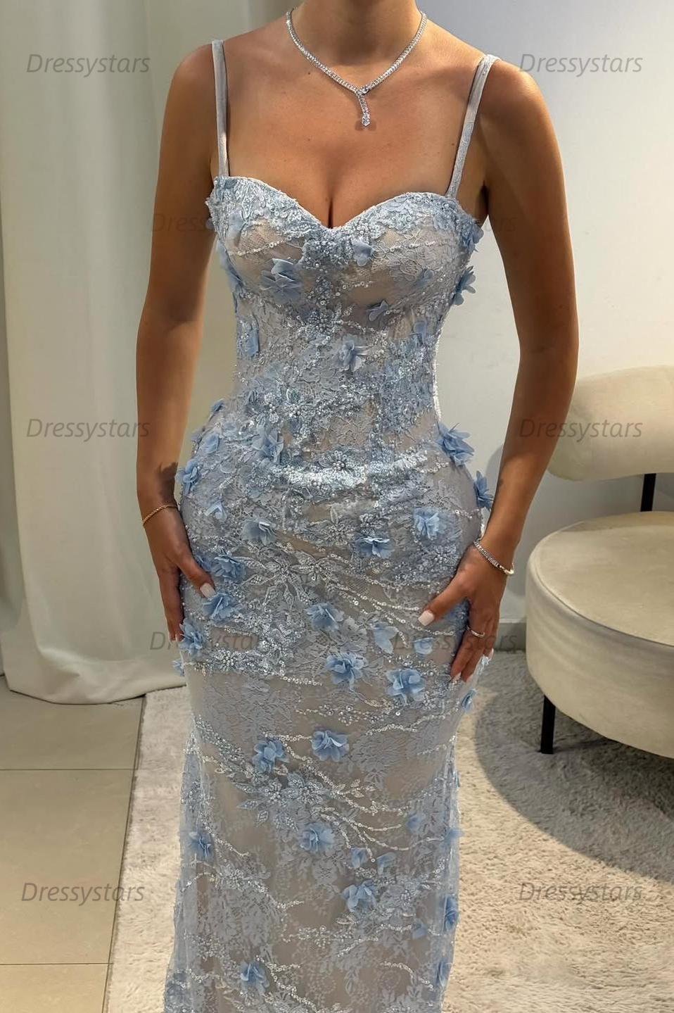Dressystars Light Blue 3D Floral Lace Beaded Mermaid Prom Dress With Illusion Corset Bodice Formal Evening Gown