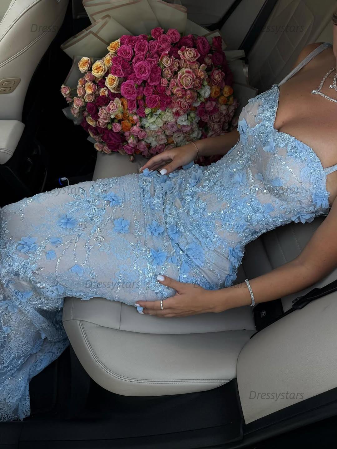 Dressystars Light Blue 3D Floral Lace Beaded Mermaid Prom Dress With Illusion Corset Bodice Formal Evening Gown