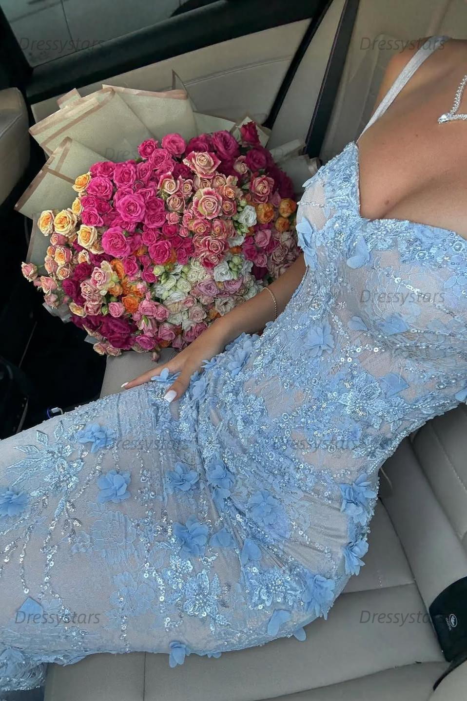 Dressystars Light Blue 3D Floral Lace Beaded Mermaid Prom Dress With Illusion Corset Bodice Formal Evening Gown