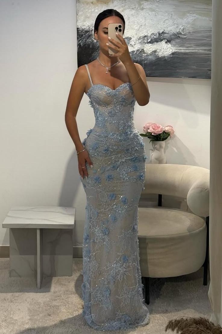 Dressystars Light Blue 3D Floral Lace Beaded Mermaid Prom Dress With Illusion Corset Bodice Formal Evening Gown