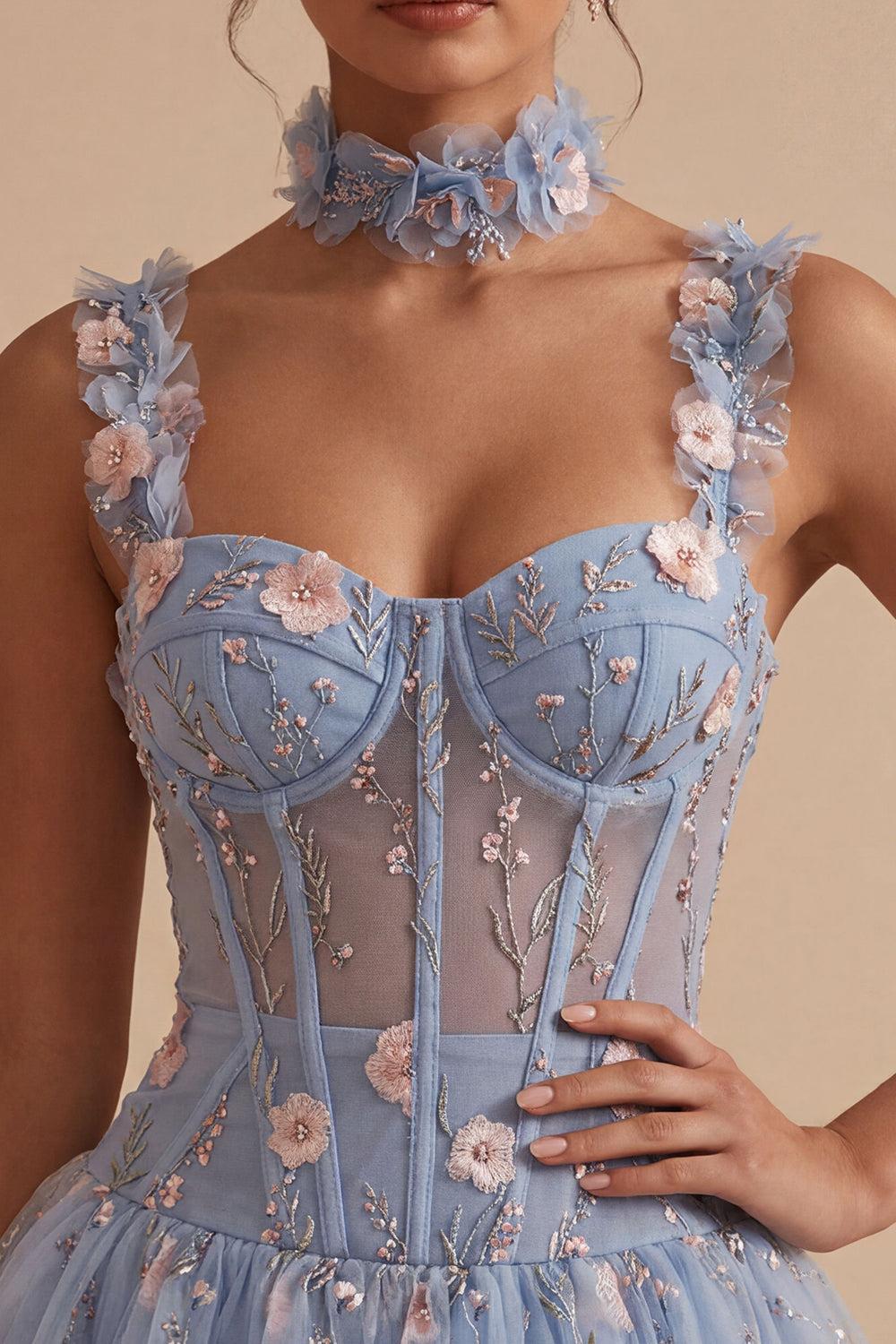 Dressystars Light Blue Corset Beaded A Line Bubble Short Homecoming Dress with 3D Flowers