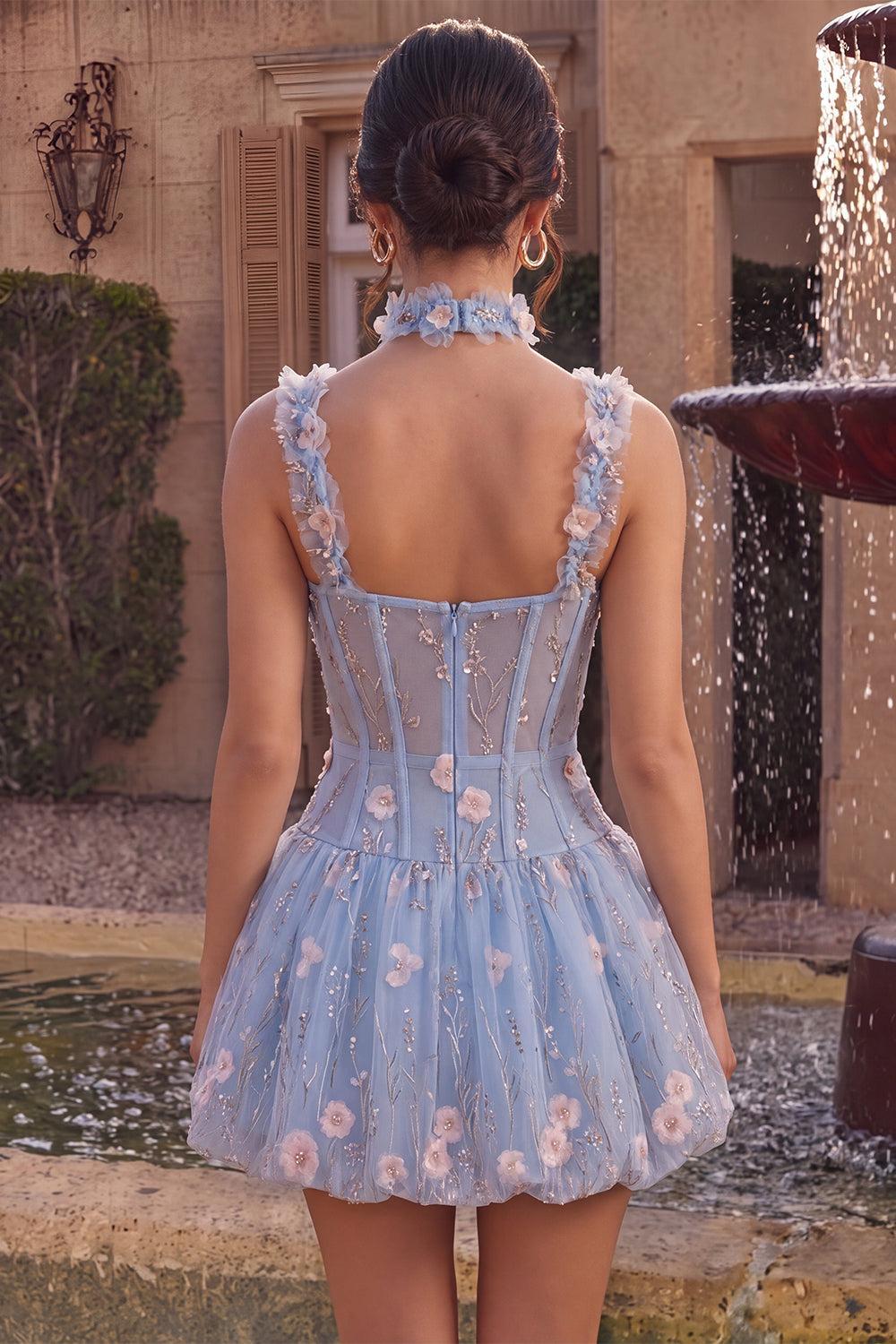 Dressystars Light Blue Corset Beaded A Line Bubble Short Homecoming Dress with 3D Flowers