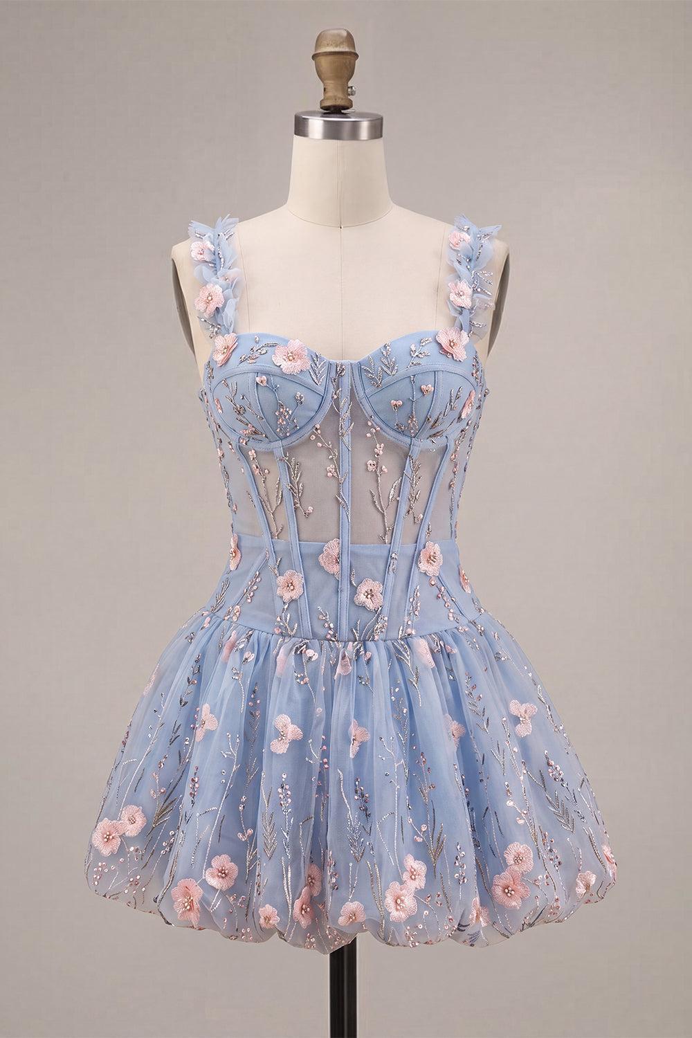 Dressystars Light Blue Corset Beaded A Line Bubble Short Homecoming Dress with 3D Flowers
