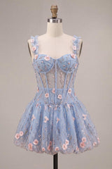 Dressystars Light Blue Corset Beaded A Line Bubble Short Homecoming Dress with 3D Flowers