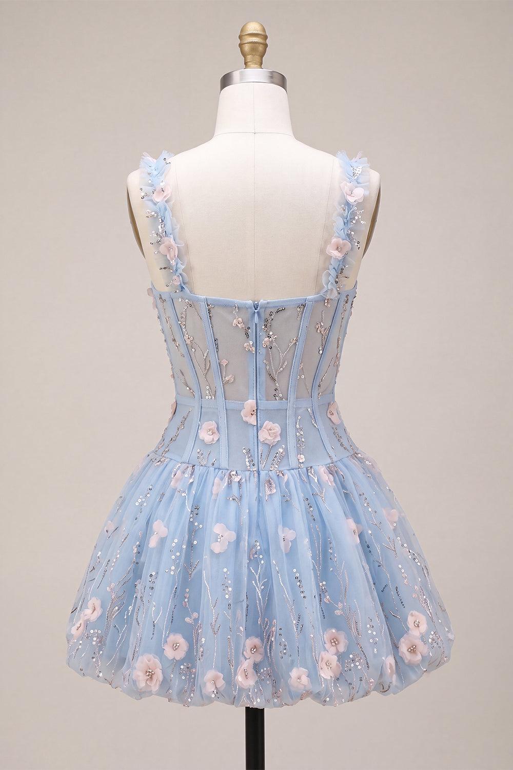 Dressystars Light Blue Corset Beaded A Line Bubble Short Homecoming Dress with 3D Flowers