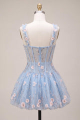 Dressystars Light Blue Corset Beaded A Line Bubble Short Homecoming Dress with 3D Flowers
