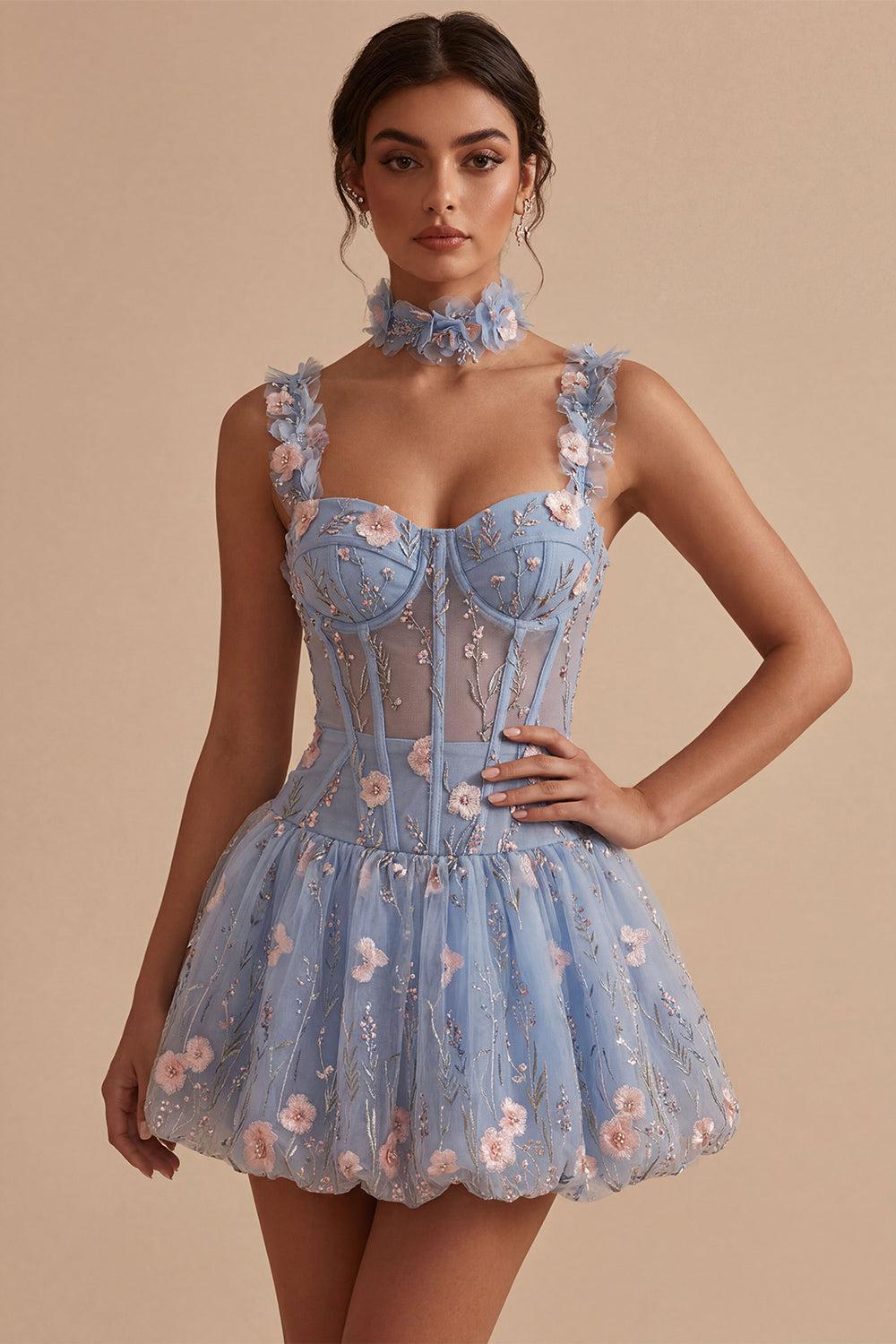 Dressystars Light Blue Corset Beaded A Line Bubble Short Homecoming Dress with 3D Flowers