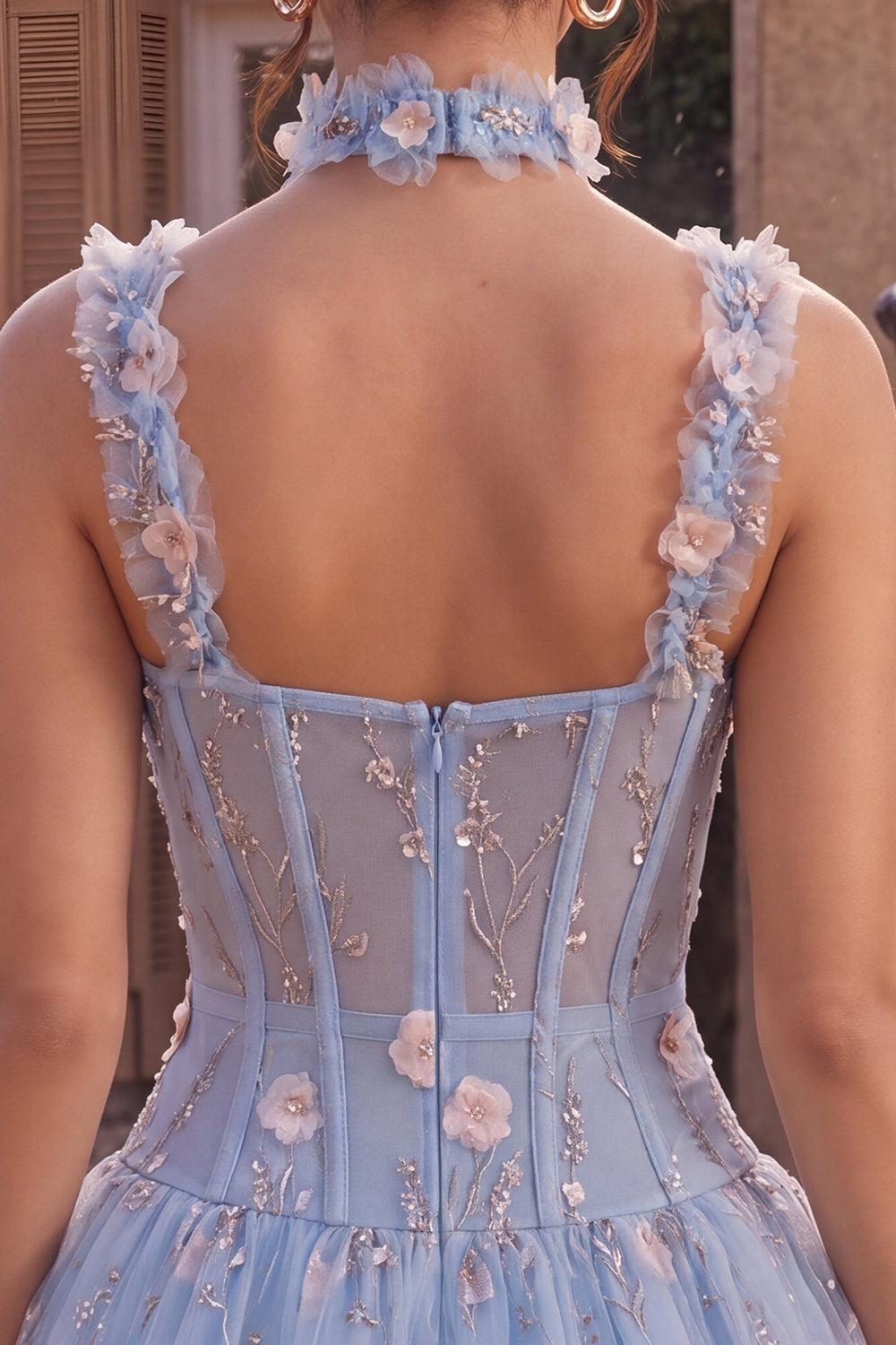 Dressystars Light Blue Corset Beaded A Line Bubble Short Homecoming Dress with 3D Flowers