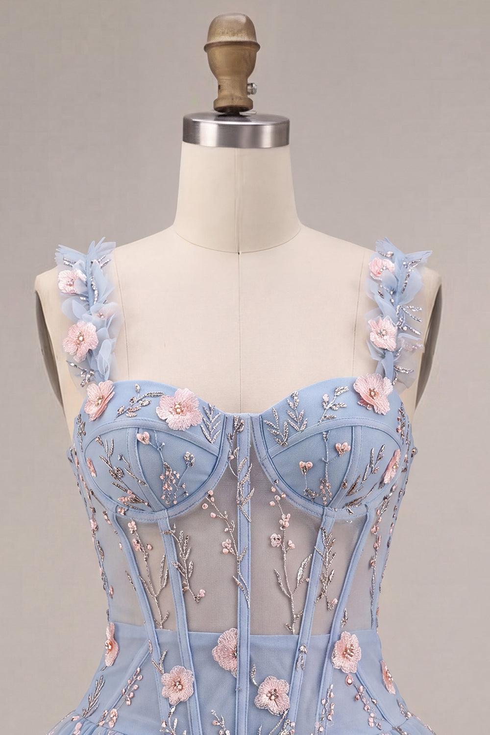 Dressystars Light Blue Corset Beaded A Line Bubble Short Homecoming Dress with 3D Flowers