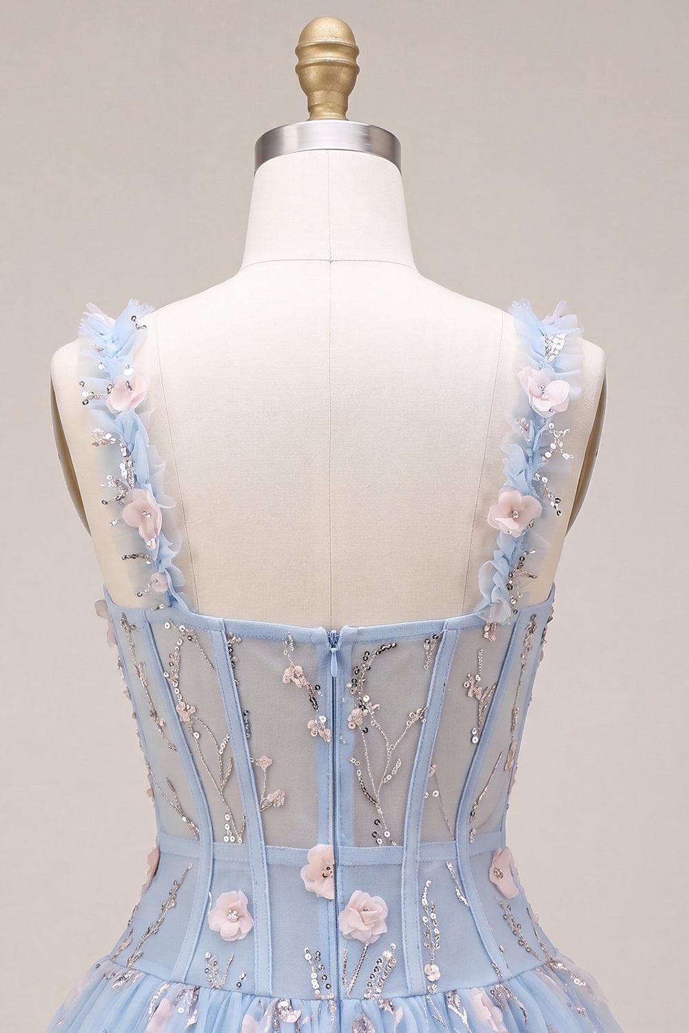 Dressystars Light Blue Corset Beaded A Line Bubble Short Homecoming Dress with 3D Flowers