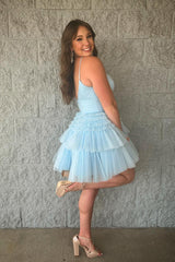 Dressystars Light Blue Homecoming Dress A-Line Tulle Tiered Short Prom Dress