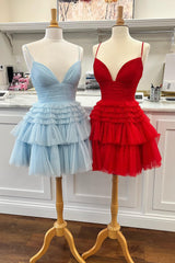 Dressystars Light Blue Homecoming Dress A-Line Tulle Tiered Short Prom Dress