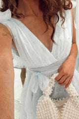 Dressystars Light Blue Homecoming Dress A-Line Tulle Tiered Short Prom Dress with Pearls