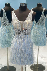 Dressystars Light Blue Homecoming Dress Beaded Sequin Tight Prom Dress with Feathers