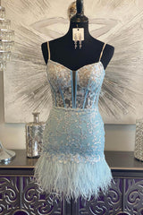 Dressystars Light Blue Homecoming Dress Corset Lace Tight Short Prom Dress with Feathers