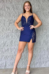 Dressystars Light Blue Homecoming Dress Corset Spaghetti Straps Tight Short Prom Dress with Slit