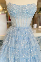 Dressystars Light Blue Homecoming Dress Corset Strapless A-Line Tiered Short Prom Dress