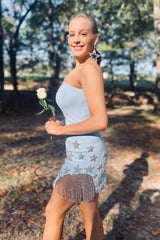 Dressystars Light Blue Homecoming Dress One Shoulder Stars Tight Short Prom Dress with Fringes