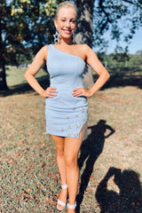 Dressystars Light Blue Homecoming Dress One Shoulder Stars Tight Short Prom Dress with Fringes