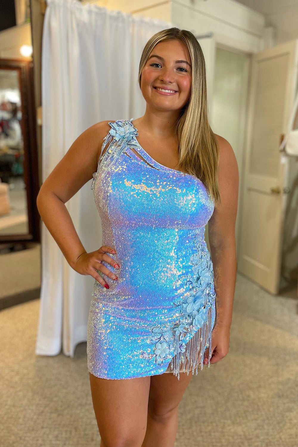 Dressystars Light Blue Homecoming Dress Sequin Fringed Floral Tight Short Prom Dress