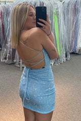 Dressystars Light Blue Homecoming Dress Sequin Lace-Up Back Short Prom Dress