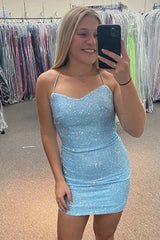 Dressystars Light Blue Homecoming Dress Sequin Lace-Up Back Short Prom Dress