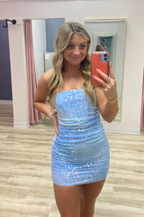 Dressystars Light Blue Homecoming Dress Strapless Tight Short Sequin Prom Dress