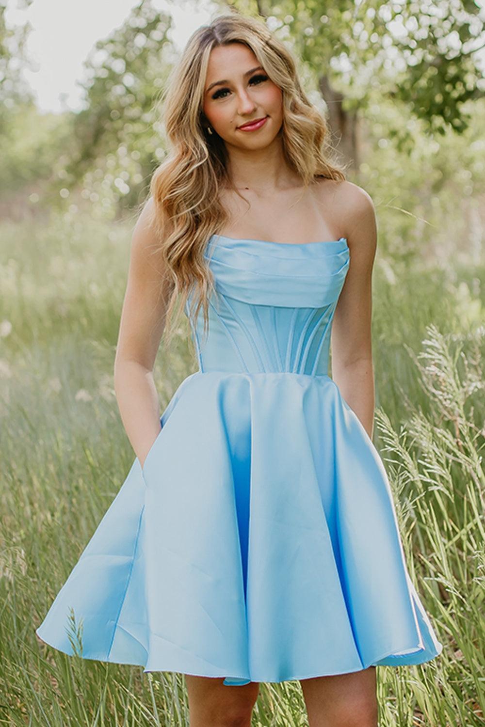 Dressystars Light Blue Short Corset Strapless Homecoming Dress with Pockets
