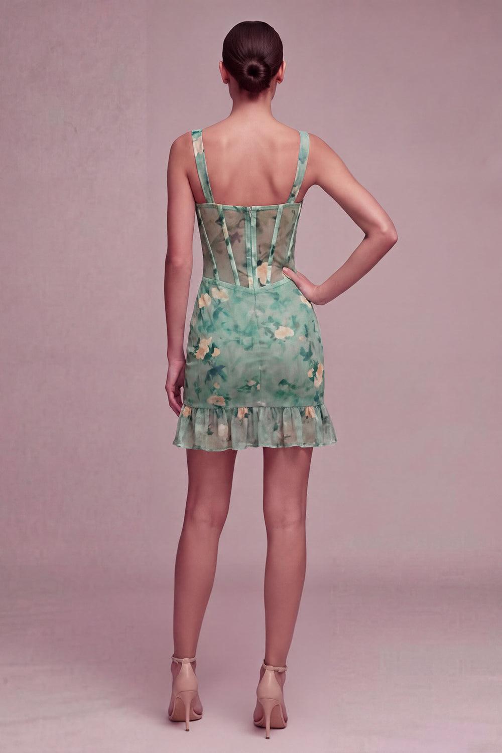 Dressystars Light Green Floral Corset Tight Short Homecoming Dress with Ruffles