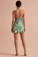 Dressystars Light Green Floral Halter Backless Short Homecoming Dress