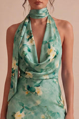 Dressystars Light Green Floral Halter Backless Short Homecoming Dress