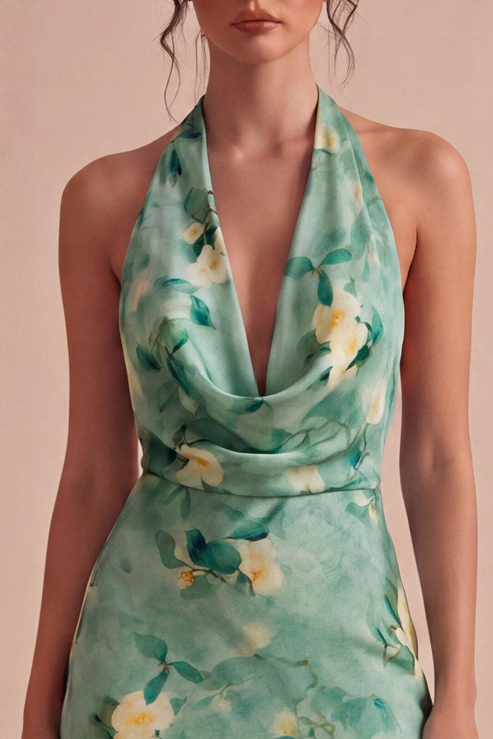 Dressystars Light Green Floral Halter Backless Short Homecoming Dress