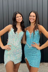 Dressystars Light Green Homecoming Dress Strapless Corset Tight Short Prom Dress with Sequin