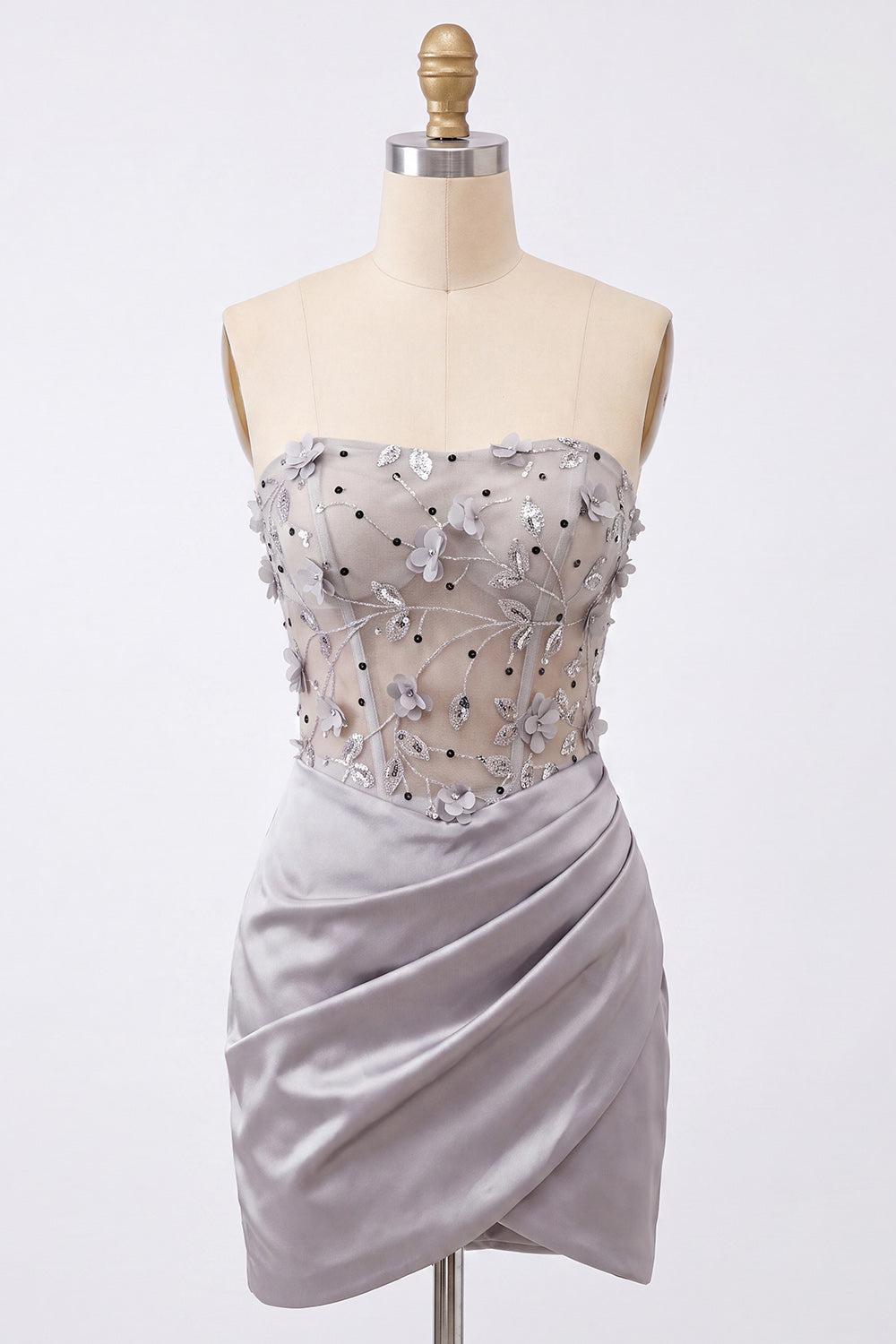 Dressystars Light Grey Ruched Floral Tight Corset Short Homecoming Dress
