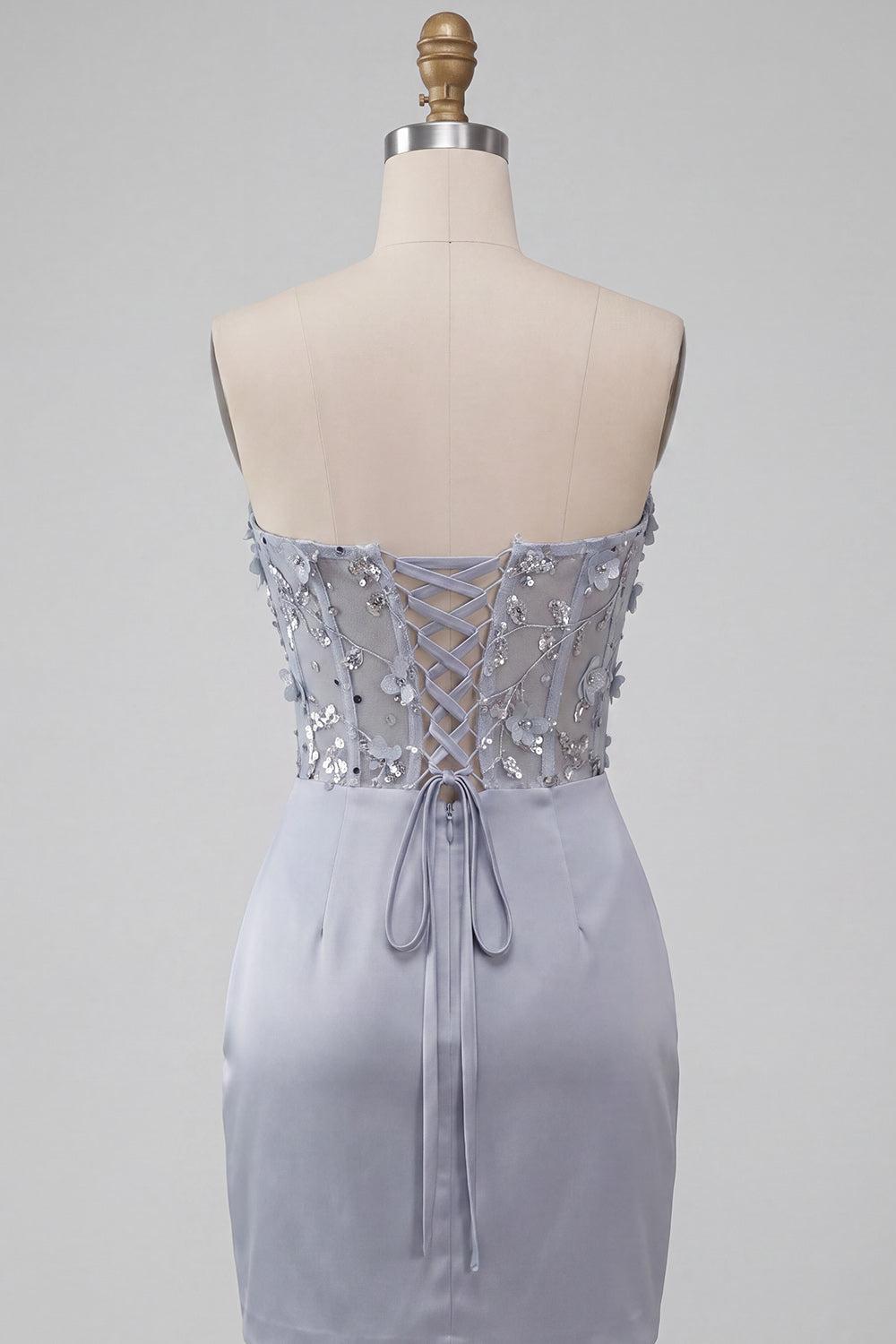 Dressystars Light Grey Ruched Floral Tight Corset Short Homecoming Dress